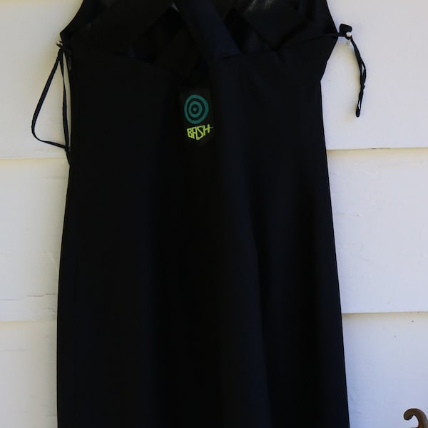Schwarzes 90er Jahre MINI Kleid PUNK Upcycle BASH Patch Satin Latex Trägern Xtra Small