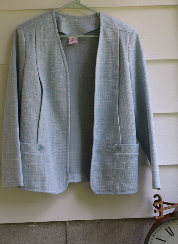 M Medium 70s Faux Linen Suit Blue and White Wash … - image 1