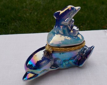 Unusual Vintage Souvenir IRIDESCENT BLUE PORPOISE  Jewelry Box marked Naples Fl. Nautical Ceramic