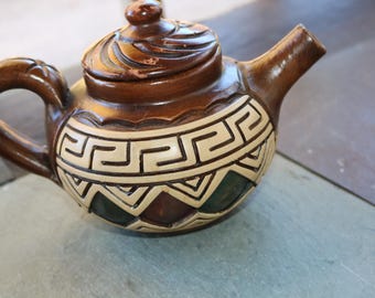 60's Amazonian Marajoara TEAPOT Carved Pottery in Brown and Beige Glazes Manaus-AM Brazil