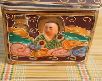 骨董　小柄　2本セット 40s Japanese Ceramic TRINKET BOX Lidded 3D Faces Brown