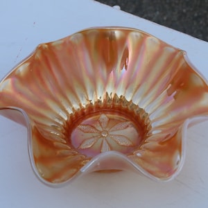 30s 40s Orange and White Carnival Glass Ruffled Bowl with Star Center