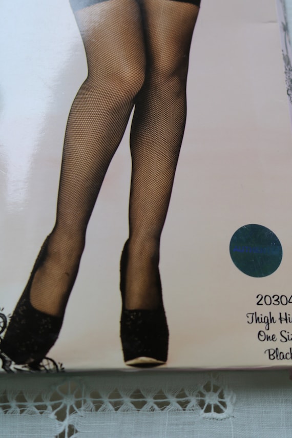 80s TWO PAIR Black Thigh High FISHNET Stockings Old Stock in Packages Seven  'till Midnight 