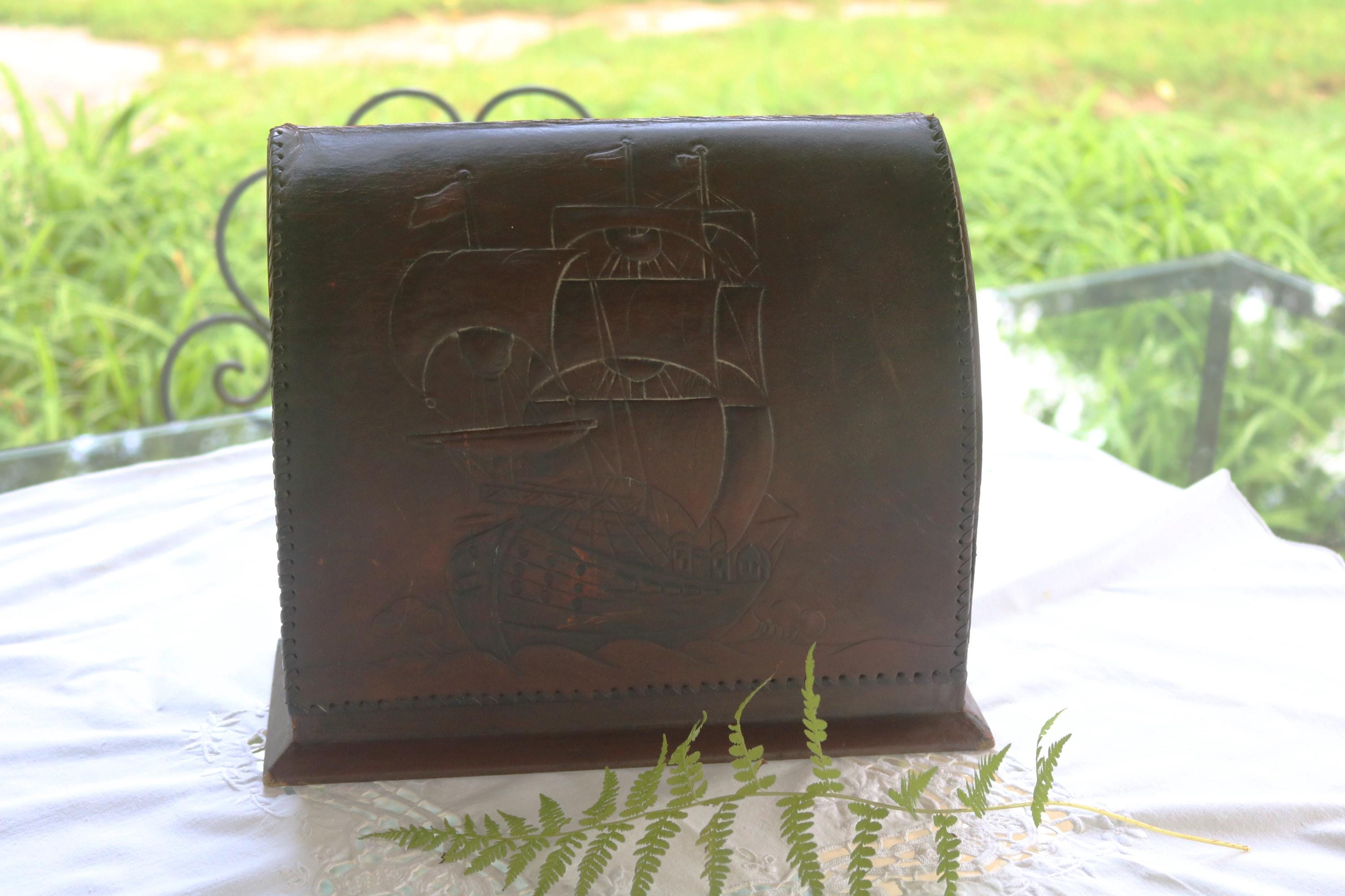 Antique Tooled Leather Writing Desk With Nautical Sail Ship 1880's