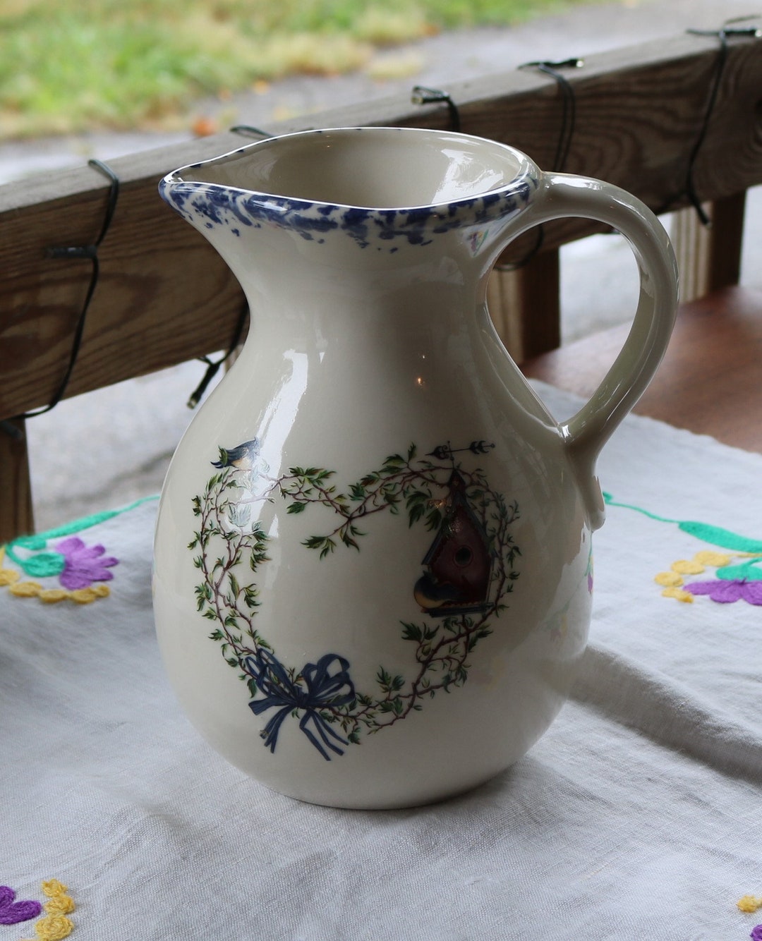 70s Creamy White With Blue Spongeware PITCHER With Heart Shaped Garland ...