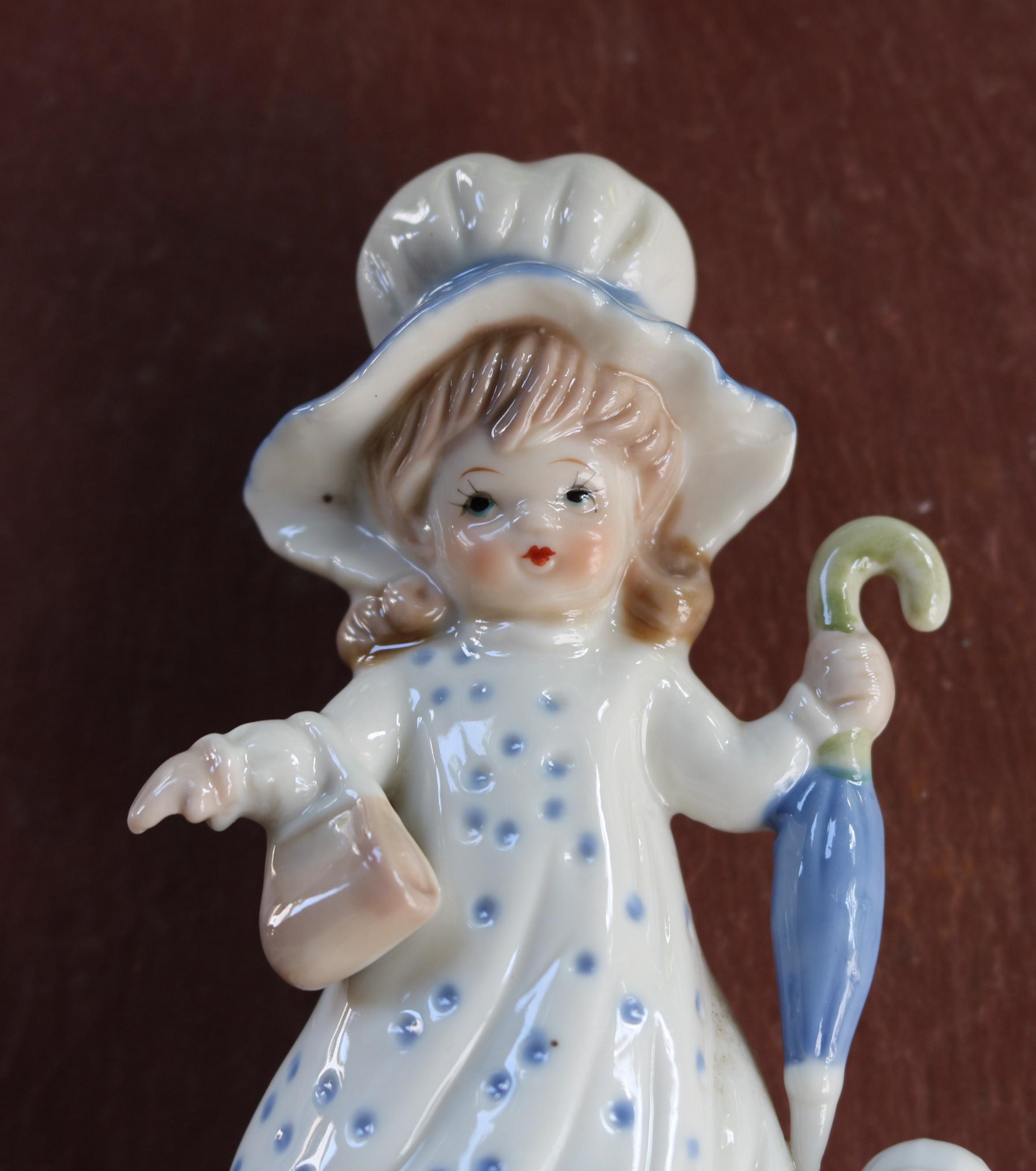 70s Porcelain Figurine Young Girl With Her Dog Blue & White S - Etsy