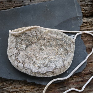 60s 70s SILVER Breaded Handcrafted PURSE White Cord Strap Macau