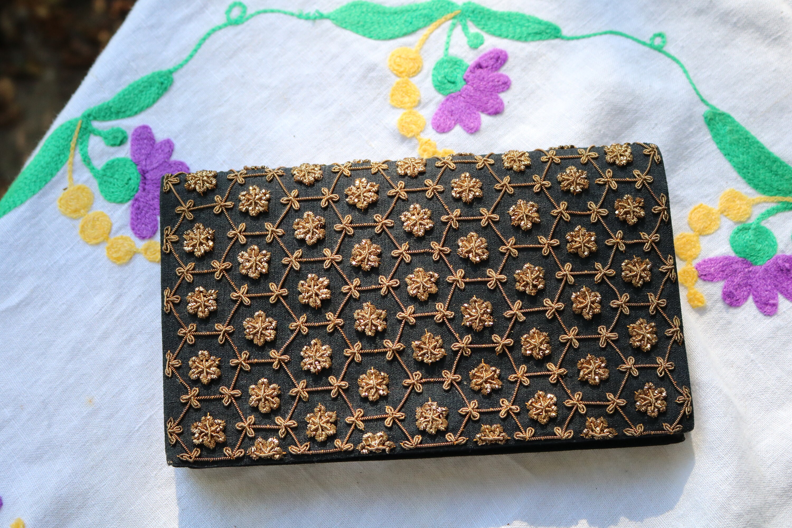 50s WALBORG Clutch Purse Black Raw Silk Gold Accents Handmade