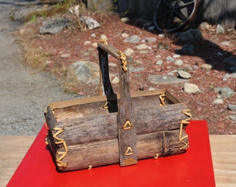 Primitive Hand Made Folk Art Centerpiece/Planter/Basket Raw Unfinished Wood and Reed Construction Great Country Decor 1950s 60s