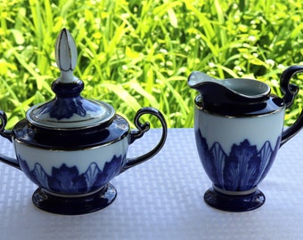 80s Bombay Glass Co. Sugar & Creamer Set in the Grace Pattern Cobalt Blue and Silver on White China