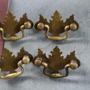 Op de afbeelding: Vier antieke messing lade-knoppen. Elke knop heeft een blad-vormige achterplaat met een gebogen handvat en ronde knoppen. Het messing heeft een warme, verouderde patina, wat wijst op vintage hardware. Ideaal voor meubelrestauratie.