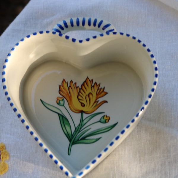 80s 90s Heart Shaped Dish Bowl with Handle in White Blue and Yellow Ceramic