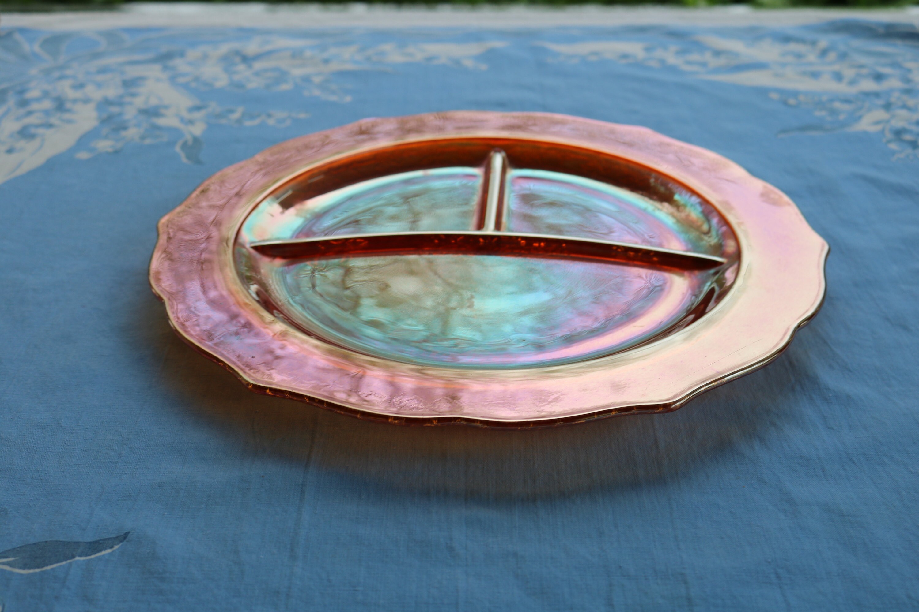 Two 1930's Marigold Carnival Glass Divided Plate in the Normandie