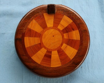 40s 50s Round Handcrafted WOODEN BOX Hinged Wheel Design