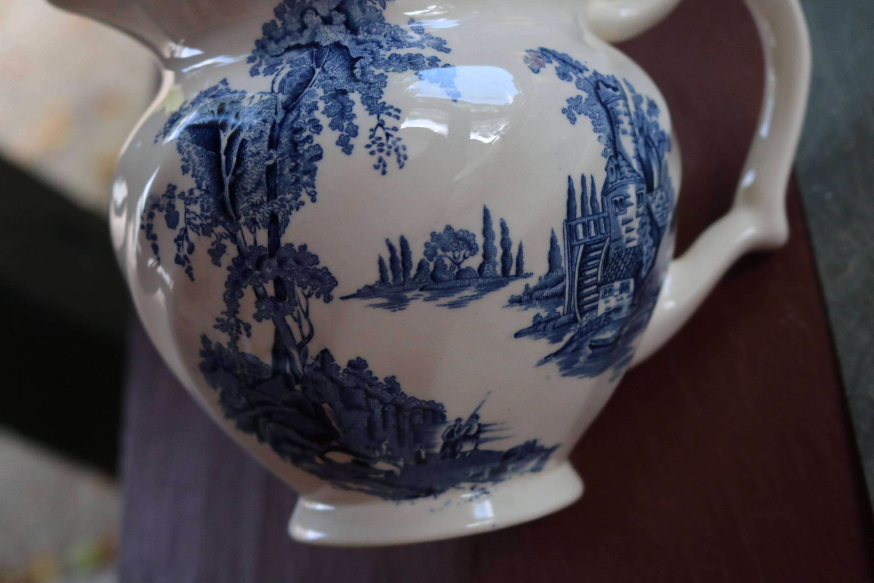 50s Old Mill Milk Pitcher Blue Transferware by Johnson Brothers