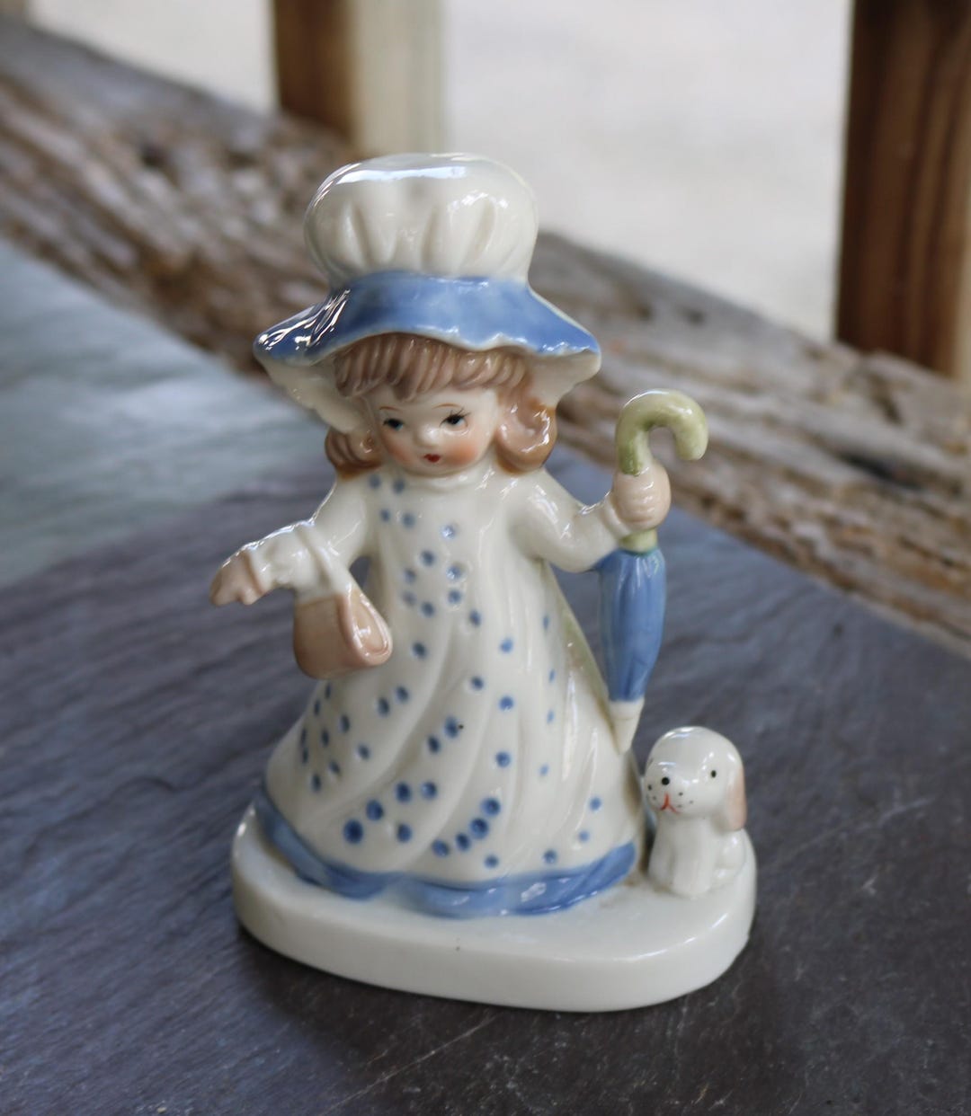 70s Porcelain Figurine Young Girl With Her Dog Blue & White S - Etsy