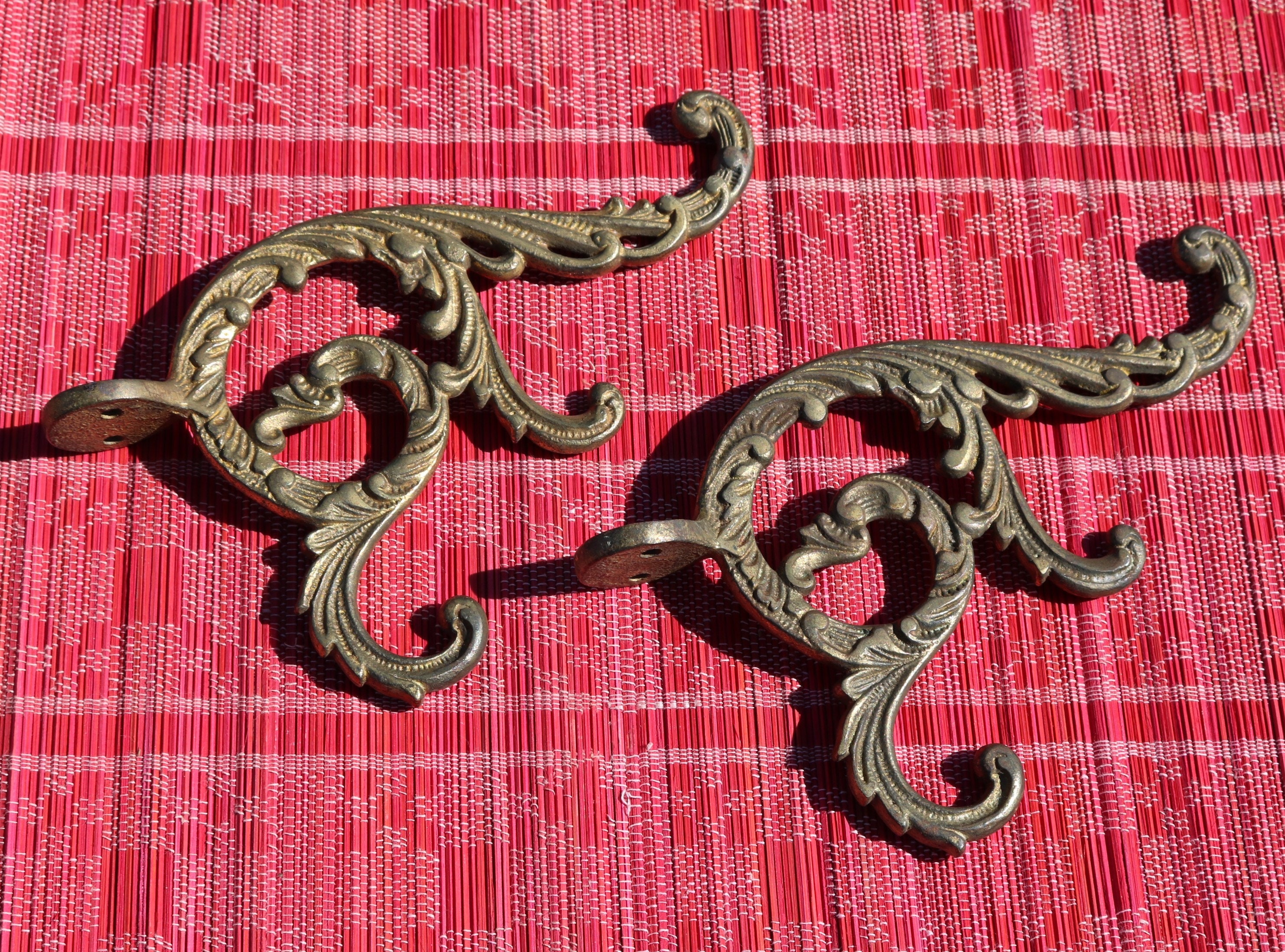 Antique Set of 2 Cast Metal Filigree Wall Hooks for Repurpose