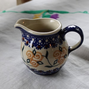 90s POLISH CREAMER Pitcher Handmade Bolestaweu Blue White Yellow Folk Design Ovenproof Small