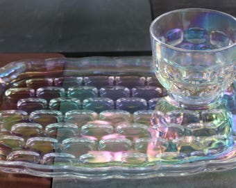 for one set only - MCM Federal Glass Iridescent SNACK PLATE & Cup Set in Yorktown Thumbprint Pattern    S