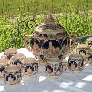 Heirloom German PUNCH BOWL Set with 12 MUGS "Rhine Castles" Pattern by Gerz Stoneware
