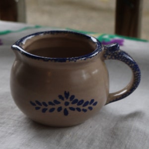 80s LOOMCO Tan and Blue SPONGEWARE Folk Design Stoneware Creamer Pitcher