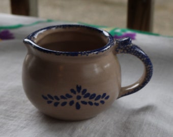 80s LOOMCO Tan and Blue SPONGEWARE Folk Design Stoneware Creamer Pitcher