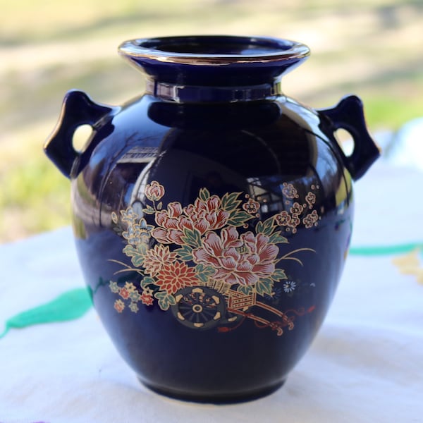 80s Cobalt Blue ASIAN URN VASE Garden Cart Flowers Gold Trim