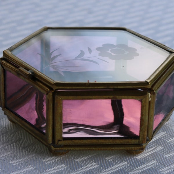 70s Mirrored Brass Hinged Trinket Box Purple Glass Etched Floral Lid Hand Crafted Mexico