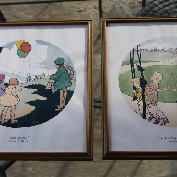 Sweet Whimsical 30s 40s ILLUSTRATIONS by Margery Hood Balloons Children Playing Framed