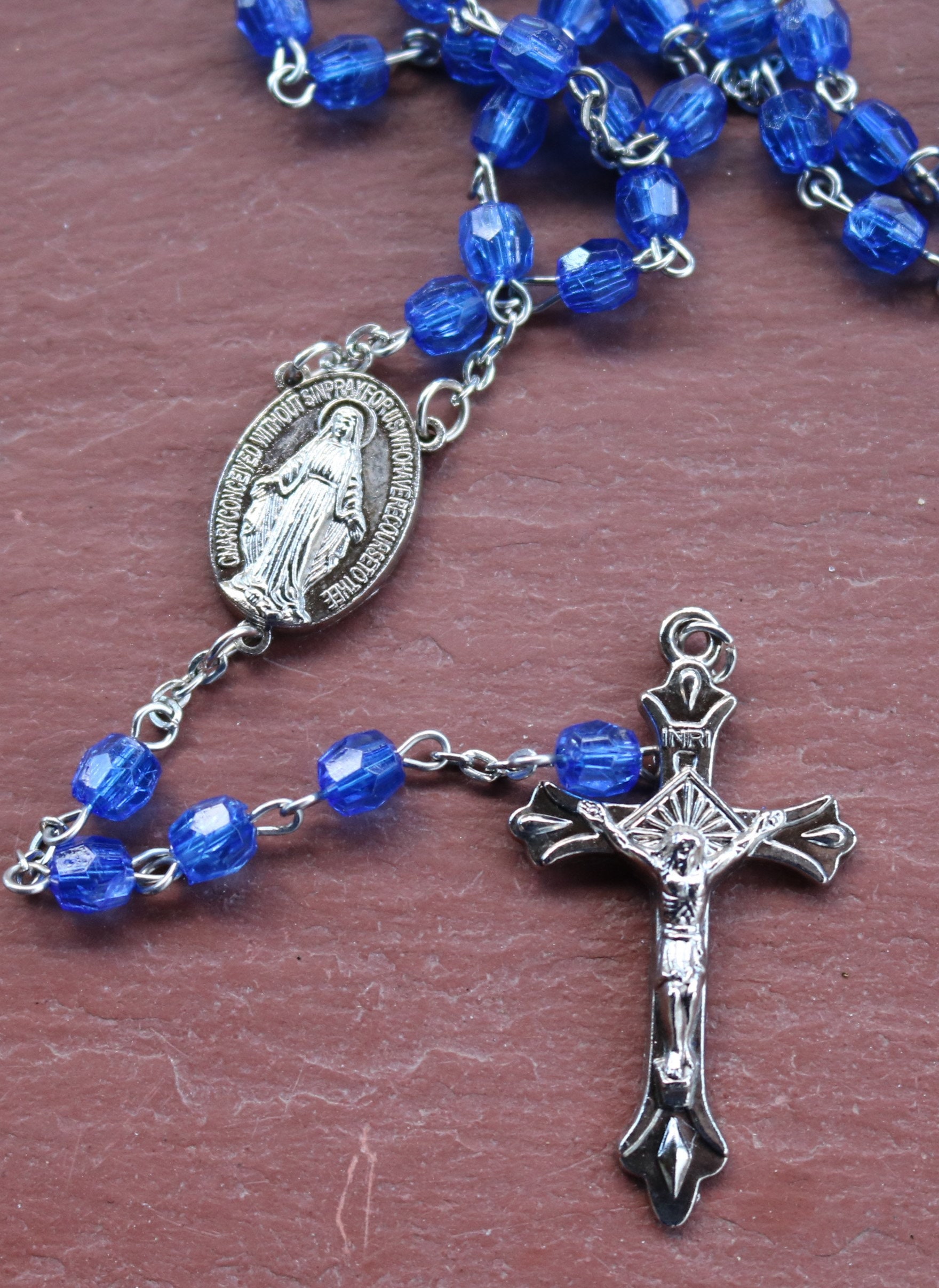 50s 60s Glass BLUE ROSARY BEADS Silvertone Metal Crucifix and