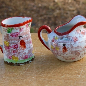 Japanese Porcelain Creamer and small Pitcher Geisha Tea Pattern marked Made in Japan Dining Serving Home decor