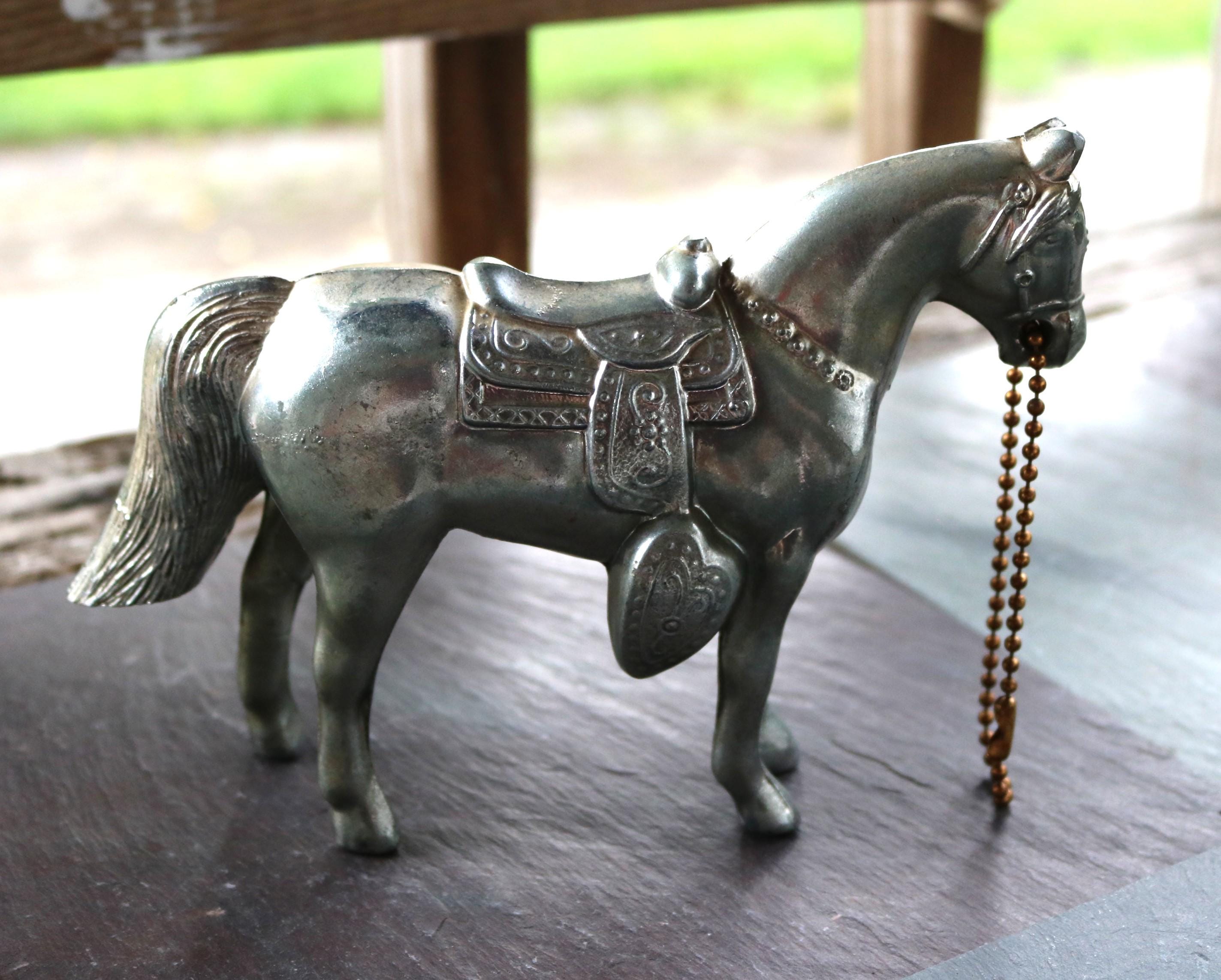 50s 60s Pot Metal SILVER HORSE FIGURINE Toy With Copper Chain Rein