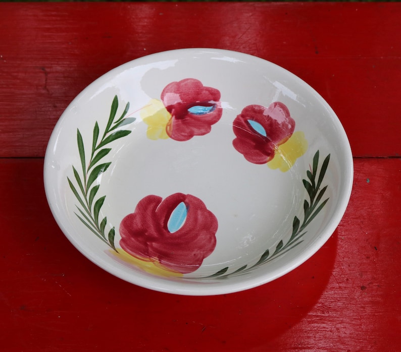 70s Ceramic Handmade SERVING BOWL White with Ferns and Floral