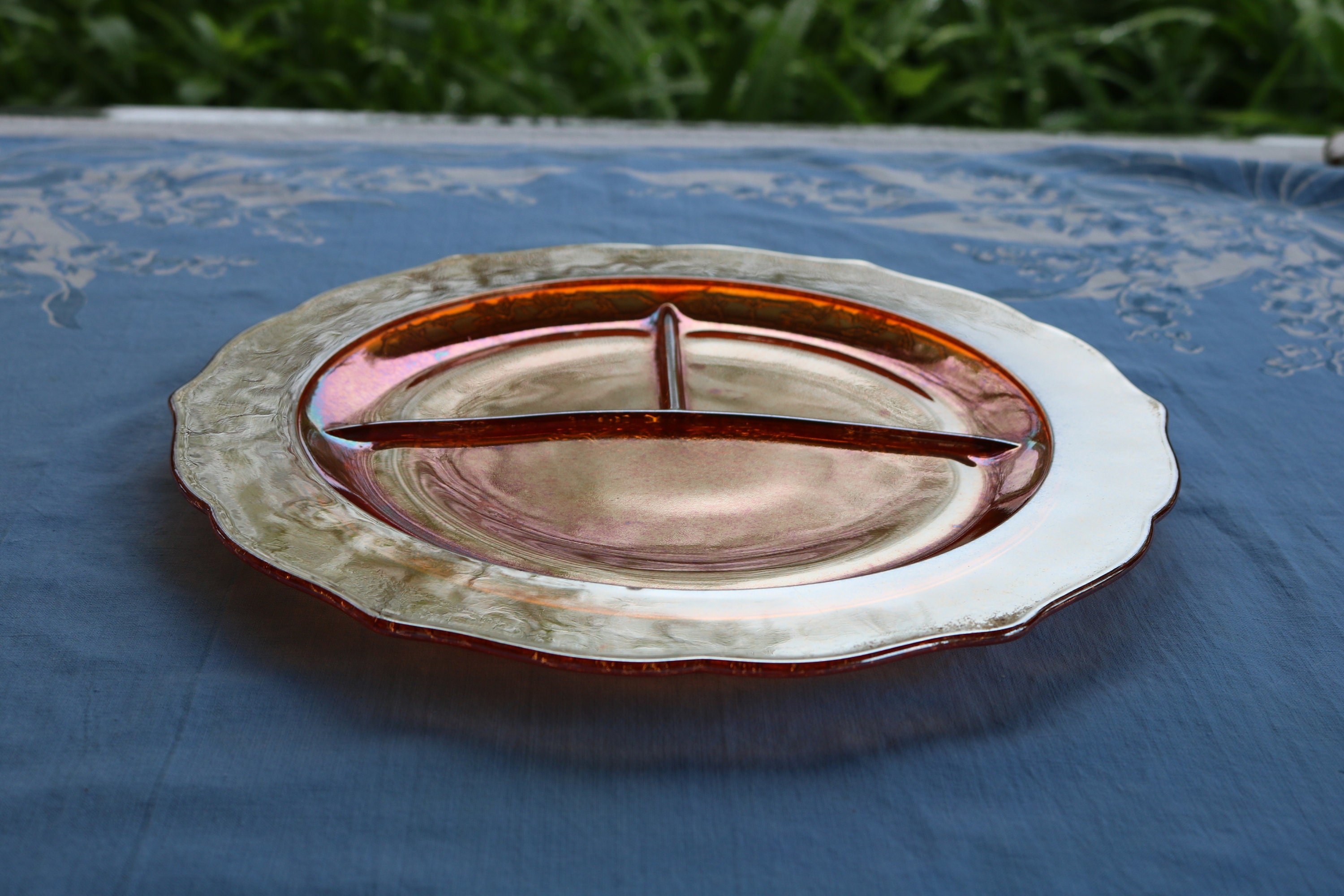 Two 1930's Marigold Carnival Glass Divided Plate in the Normandie