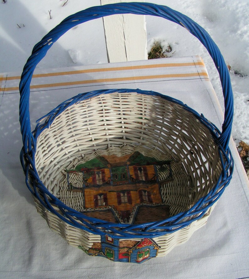 Folk Art Decoupage White Wicker Basket Victorian Houses Etsy