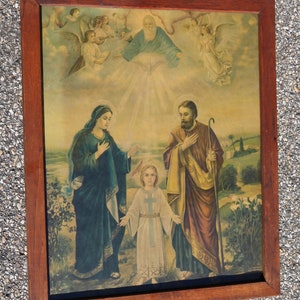 Antique early 1900&#39;s Holy Trinity and Family of Christ CHROMOLITHOGRAPHY in Original Oak Frame