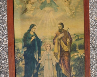 Antike Anfang des 20. Jahrhunderts Heilige Dreifaltigkeit und Familie Christi CHROMOLITHOGRAPHY in Original Oak Frame