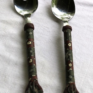 80s African Hand Crafted Clay Handled SALAD Serving TONGS Stainless Steel with Elephant Head Metal Accents