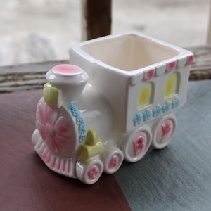 60年代 70年代 セラミック ベビープランター トレイン ブルー ピンク イエロー 花 装飾収納ボックス