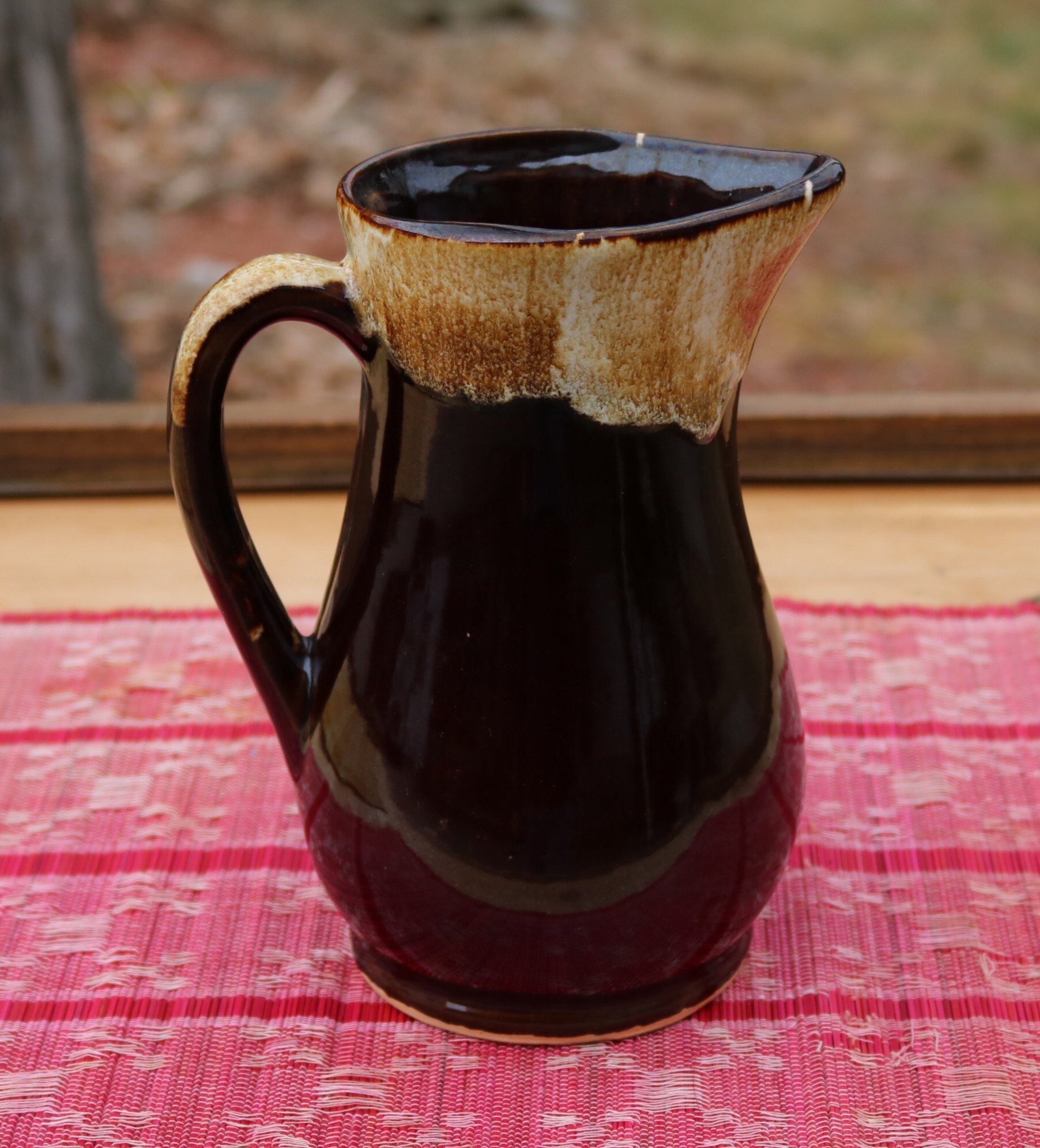 60s ROSEVILLE Pottery Quart Sized PITCHER Drip Glaze Dark Brown