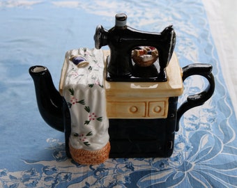 80s Ceramic Olde Thyme SEWING MACHINE TEAPOT by World Bazaar 4 cup 32 ounce Cottagecore