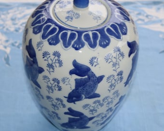 1980's Tall Asian KOI FISH JAR Blue and White Tall Unmarked Statement Piece Decor