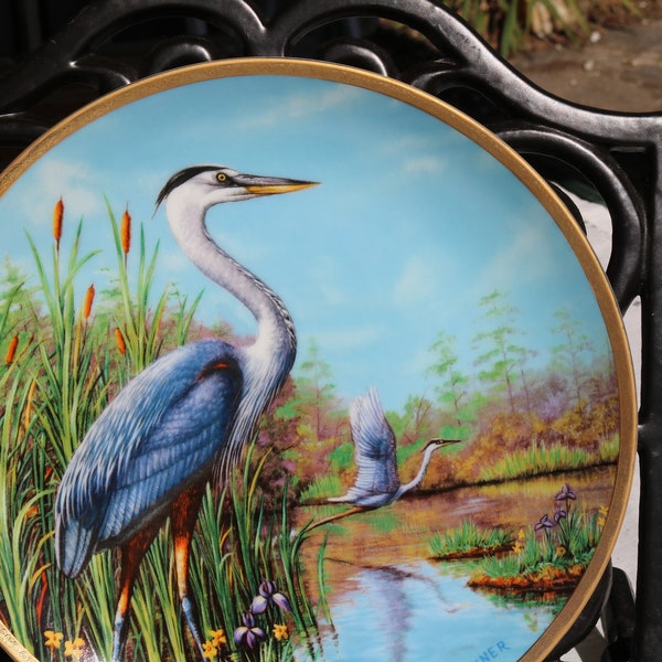 80s The Great BLUE HERON Collectible PLATE from The Elegant Birds Series by W. S. George Fine China Company