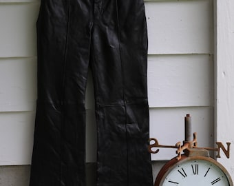 Anfang 2000 ZARA Schaffell Schwarz Leder hoch taillierte BELLBOTTOM Hose Größe S