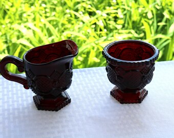 70s Pressed RUBY GLASS Sugar & Creamer SET 1876 Cape Cod Collection by Avon