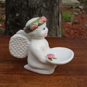 Heavy CHERUB Angel SOAP HOLDER Pink and Green Floral Garland Ceramic White