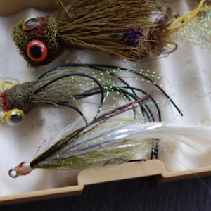 May include: Three fishing lures with brown, green and white feathers, and large, colourful eyes. The lures are in a plastic container.