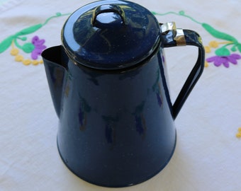 80s Enamel COFFEE POT Blue and White Speckled Country Kitchen