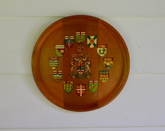 Vintage Hand crafted Plaque Tray of Western Red Cedar With Coat of Arms Of The Dominion of Canada and Shields of 10 Provinces 1970s