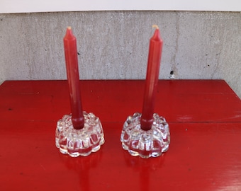 Vintage Pair of Crystal Pressed Glass Traditional Candleholders Clear Rounded  Scalloped Column Base Holidays Every Day